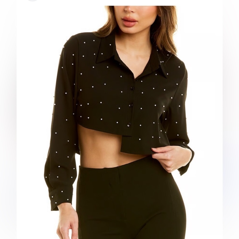 Beulah Style Pearl Blouse Black Cropped S/M Date Night Chic Classy Glam